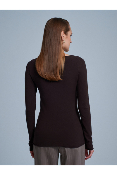 Dilvin 10840 Boat Neck Cashmere Blend Sweater-Dark Brown