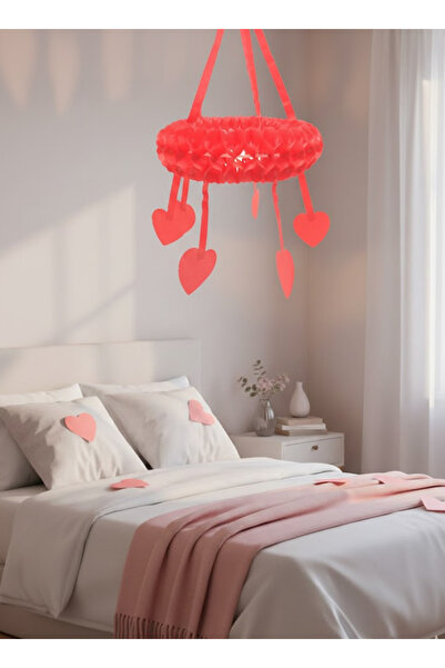 co arma Hanging decorations in the shape of a wreath, coral red color, with dangling hearts, festive decor