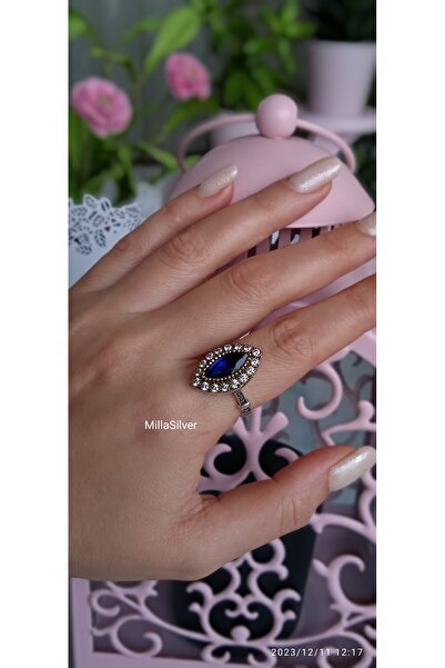 MİLLA 925 Ayar Gümüş Otantik Bronz Kaplama Mavi Safir Taşlı Mekik Kesim Yüzük...
