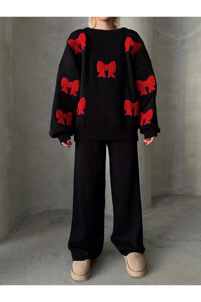 Knitoryx Women's Red Fluffy Bow Detailed Oversized Knitwear Set - Black/Ecru Options