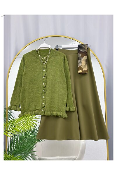 YEDİLALE Firfir Detailed Knitwear Cardigan Flared Skirt Two-Piece Set [Excluding Shawl, Cardigan Is Standard Size, Skirt Is Sized]