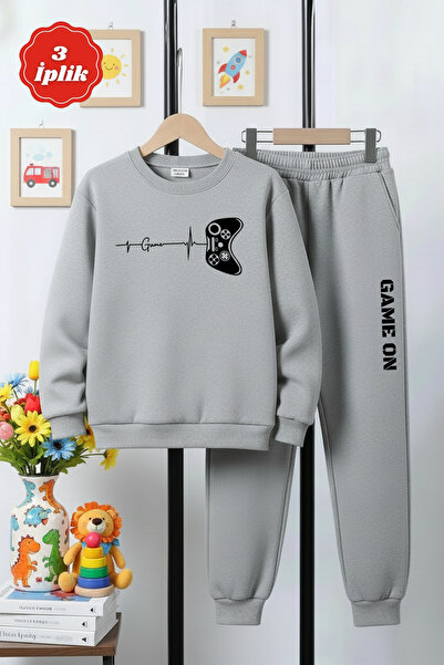 FYK KİDS 3-Ply Thick Round Neck Game Pulse Print Detail Winter Boys' Tracksuit Set