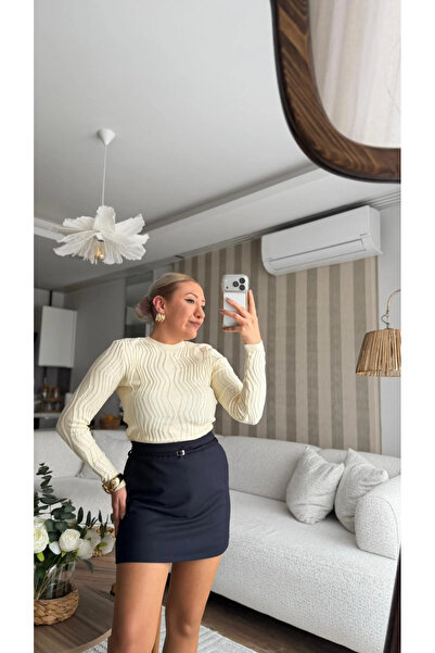 Melissatelier Women's Zippered Shorts Skirt with Thin Belt Detail Navy Blue