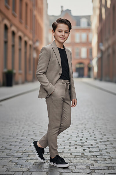 Merdia Kids Boy's Suit (Plaid Jacket, Black T-Shirt and Drawstring Pants)