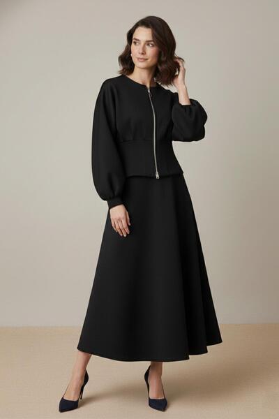 Soul Women's Zipper Detailed Corset Form Jacket Skirt Set-32460Tks - Black