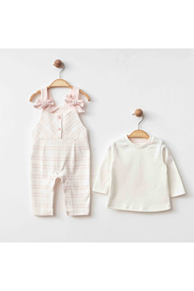 blumi kids Ekoseli Fiyonklu Organik Tulum Takım – Pudra