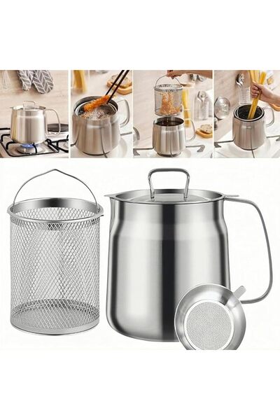 Arabest 304 Stainless Steel Deep Fryer Pot with Basket, Large Capacity Versatile Oil Filter Pot Vessel(1.5L)