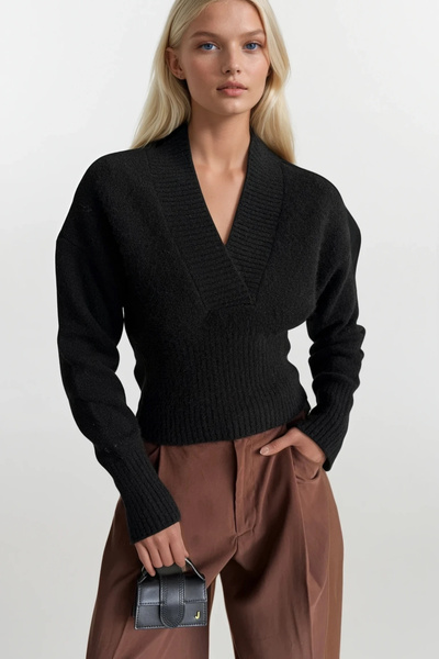 Black Fashion V Yaka Bel Oturtmalı Siyah Triko Kazak