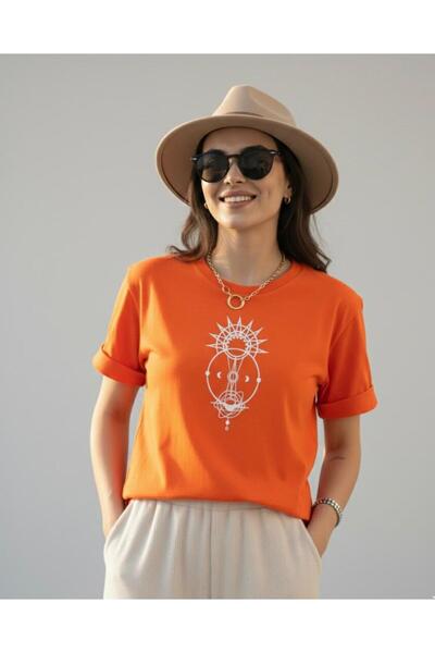 BUWOM Kadın Moon Soul Baskılı bisiklet yaka tshirt
