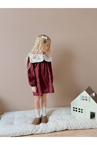 noliva bebek ve çocuk Özel Tasarım Kız Çocuk Vintage Elbise – Nakışlı Geniş Yaka