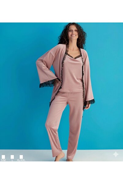 İpek Дамски кадифен тричастен комплект пижама в едноцветен вариант