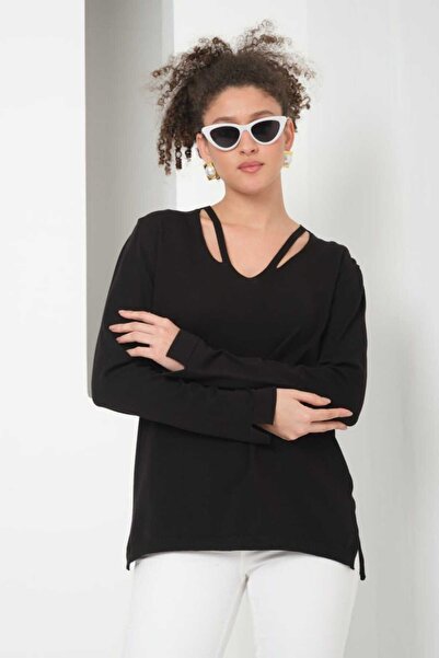 Coşkun GİYİM Women's Viscose Pollyelite V-Neck Sweater Black 7078