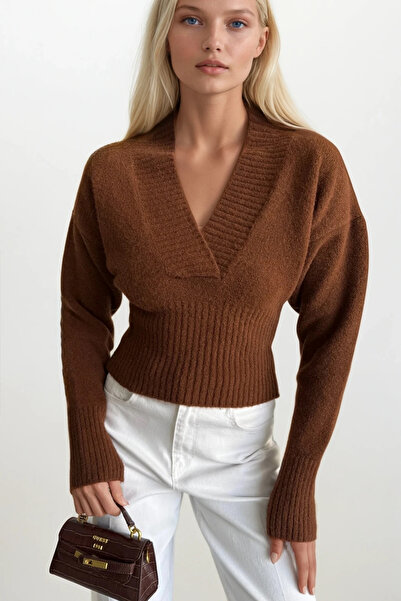 Black Fashion V Yaka Bel Oturtmalı Kahverengi Triko Kazak