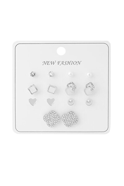 Pazarois Geometrik ve Kalp Figürlü Taş Detaylı Silver Renk Bijuteri Küpe Seti