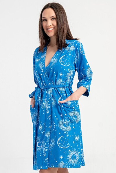 VİENETTA Women's Indigo Capri Sleeve Patterned Belted 100% Cotton Dressing Gown C8T0N0114