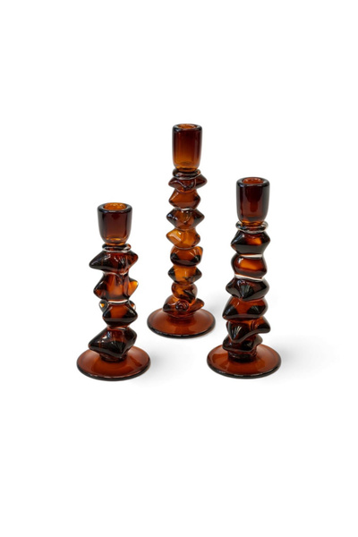 Mioletti İthal Kahve Amber Cam Şamdan Mumluk 3’lü set