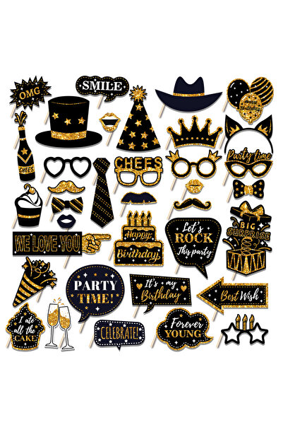 Choice1 Gold-PZ307 36pcs Happy Birthday Party Photo Booth Props Shimmer Powde...