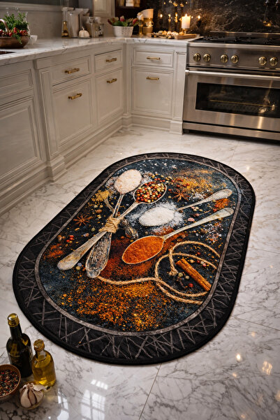 nex pack Lüks Baharat Desenli Dijital Baskı Kaymaz Mutfak Halısı 75x150