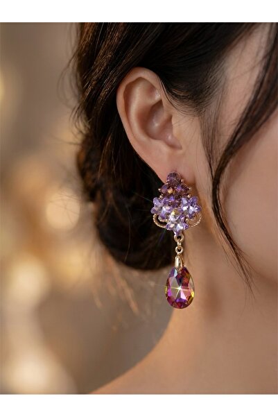 COCOSH TAKI Fuşya pembe Mor Gold renk damla model kristal taşlı şık zarif abi...