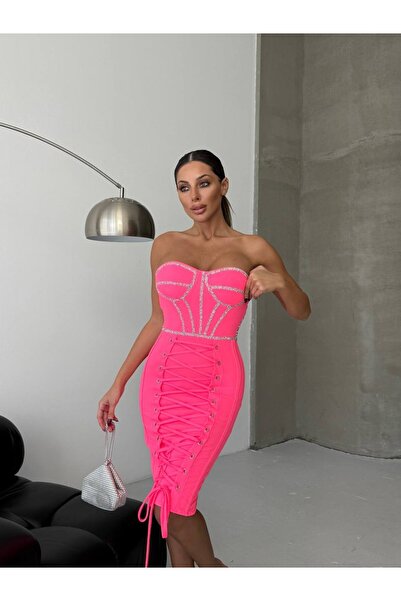cemo Korsaj Detaylı Bağcıklı Bandaj Elbise