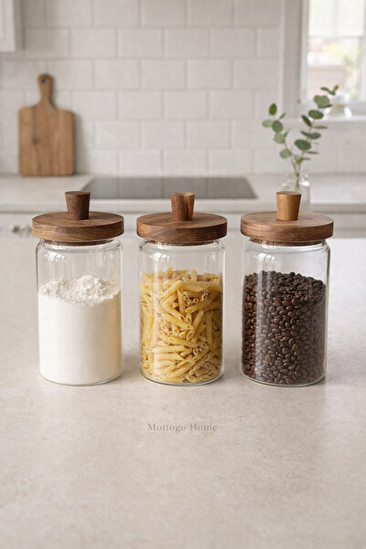 Mottogo مجموعة من 3 برطمانات زجاجية بغطاء من خشب السنط بسعة 950 مل - برطمان تخزين بغطاء من خشب السنط الطبيعي