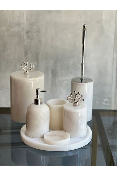 ege gross Dekoratif Beyaz Mermer Banyo Seti Takımı 7 Li Pirinç Aksesuar Detay...