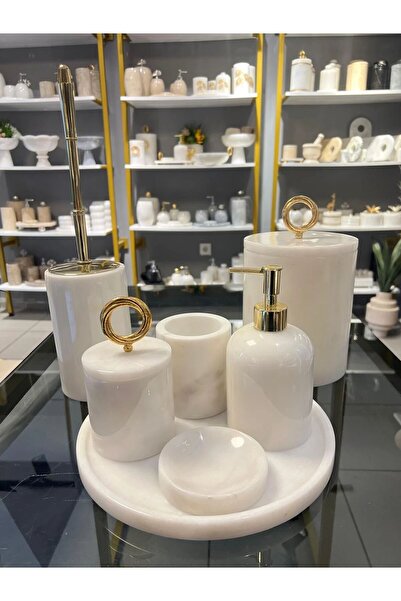 ege gross Dekoratif Beyaz Mermer Banyo Seti Takımı 7 Li Pirinç Aksesuar Detay...
