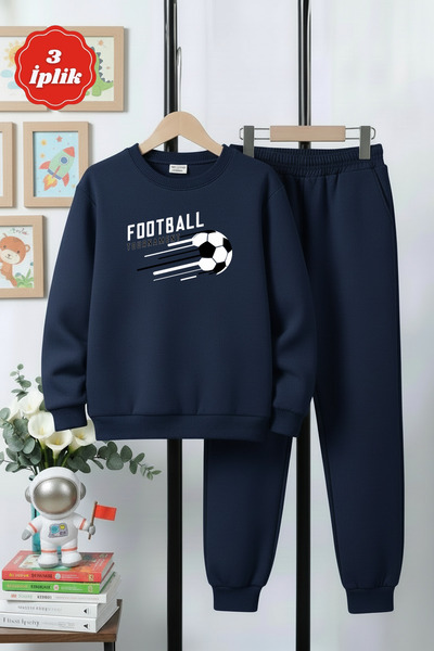 FYK KİDS 3-Ply Thick Round Neck Football Print Detail Winter Boys' Tracksuit Set