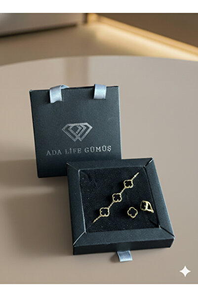 ADA LİFE GÜMÜŞ (ÇANTALI KUTULU)925 Ayar Gümüş SİYAH Taşlı 2 Li Yonca Set GOLD