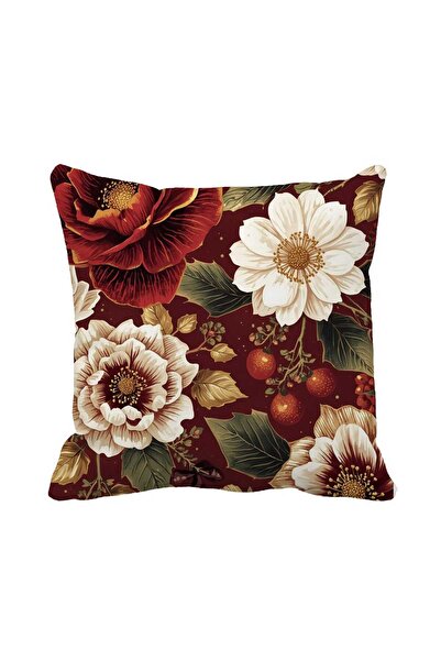 Queen Jera Double Sided Printed Red Flower Patterned Single Throw Pillow Cover - Home Decor – 43 X 43 cm Suede