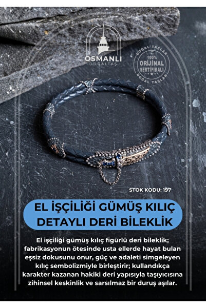 OSMANLI DOĞAL TAŞ Sertifikalı El İşçiliği Gümüş Kılıç Detaylı Deri Bileklik (...