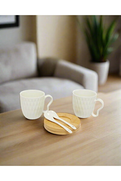 REDTAG White Embossed Mug Set With Bamboo Coaster And Spoon (6 Piece)