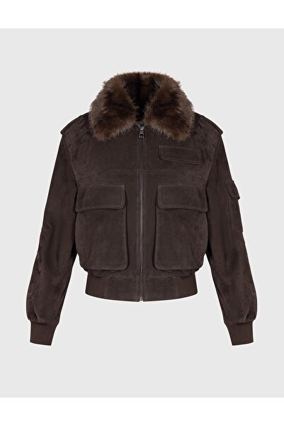 İLVİ Neris Hakiki Süet Deri Kahverengi Kadın Mont