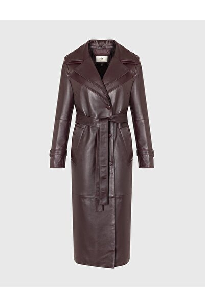 İLVİ Ruud Hakiki Deri Bordo Kadın Deri Trençkot
