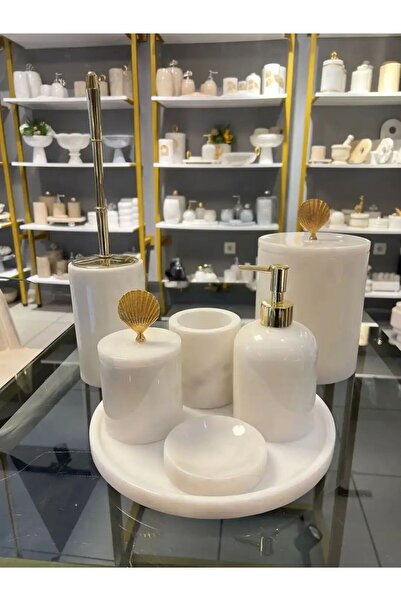 ege gross Dekoratif Beyaz Mermer Banyo Seti Takımı 7 Li Pirinç Aksesuar Detay...