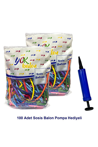 YCK BALON Sosis Balon Renkli Oyun Parti Balonu 100 Adet Pompa Hediyeli