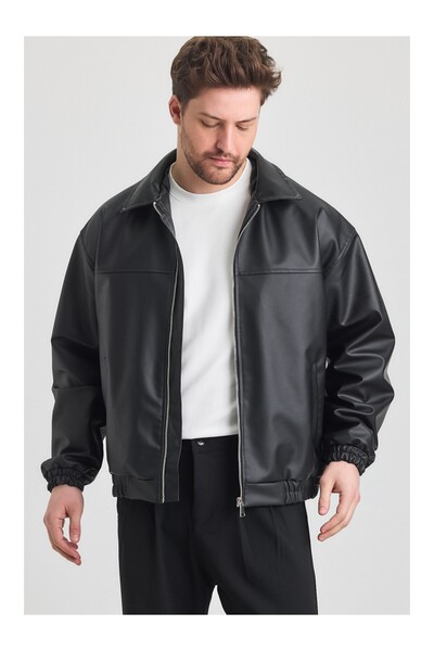 kıyı export Oversize Erkek Siyah Deri Ceket