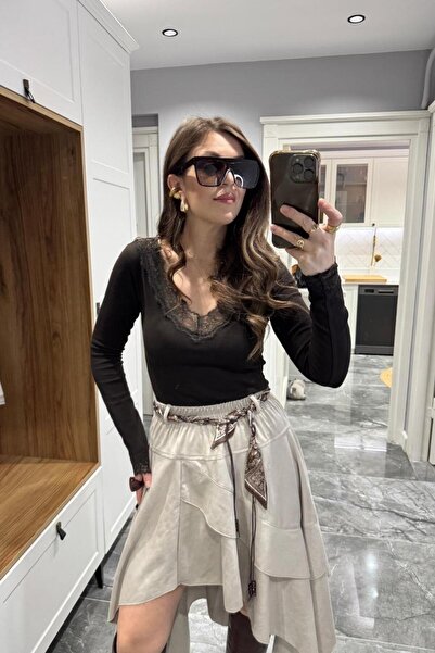 Banu Angay Dantel Detaylı Bluz Acı Kahve