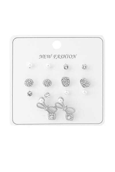 Pazarois طقم أقراط فضية اللون مرصعة بالأحجار واللؤلؤ