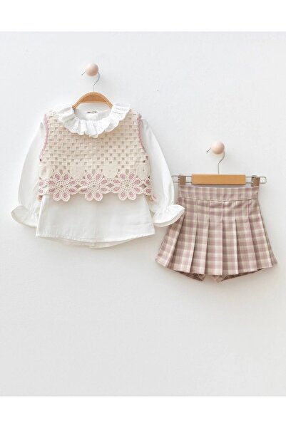 PEARL Baby Dantel Çiçek Detaylı Bluz ve Ekose Şortlu Kız Çocuk 3 lü Takım - P...