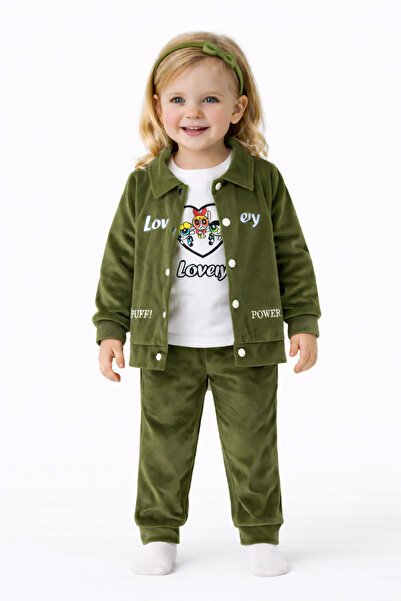 FISTIK 220-12-25 طقم بناتي مكون من 3 قطع: سترة مخملية بأكمام طويلة وبنطلون