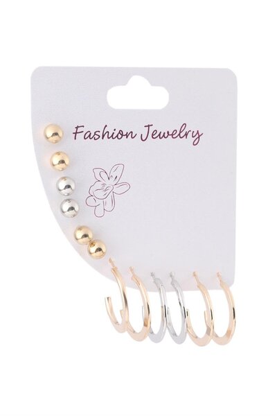 Pazarois طقم أقراط مجوهرات بتفاصيل الحلقات والكرات باللونين الذهبي والفضي