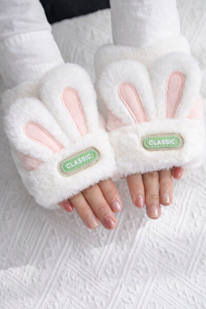 MD Moda Accessories Kadın Peluş Tavşan Kulaklı Parmaksız Eldiven – Kışlık Sıc...