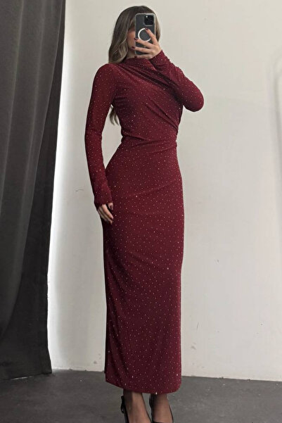 moda poni Φόρεμα με μακριά μανίκια με λεπτομέρεια από πέτρα - Βουργουνδία