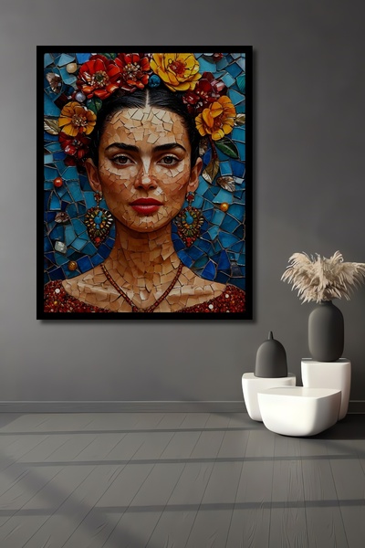 Beta Moda Hub Çerçeve Görünümlü Frida Kahlo Mozaik Görünümlü Yağlı Boya Sanat...