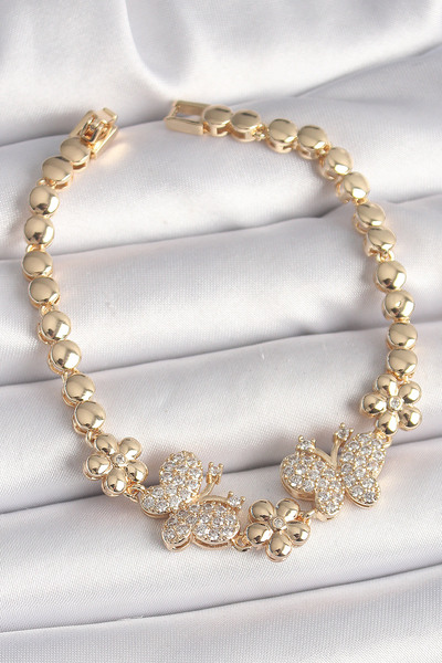Mustran Brass Gold Color Zircon Stone Butterfly Figure Flower Chain Model Women's Bracelet