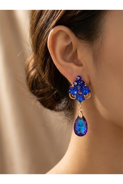 COCOSH TAKI Dark Blue Gold Color Drop Model Crystal Stone Stylish Elegant Evening Dress Earrings
