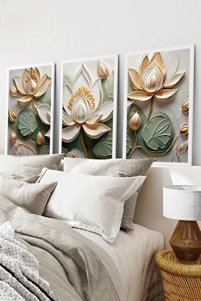 kutuTR Beyaz Çerçeveli 2D UV Baskı 3’lü MDF Tablo Set – Kabartma Görünümlü Çi...