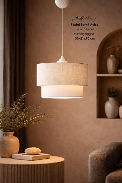 Anadolu Saray Pastel Sarkıt Avize Beyaz Kırçıllı Kumaş Başlıklı E27 30x21x70 cm