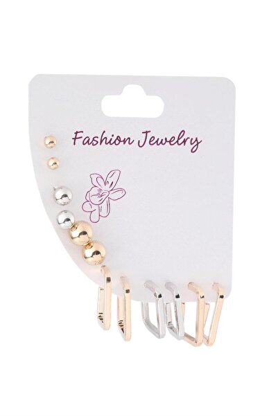 Pazarois طقم أقراط مجوهرات مزخرفة بحلقات مربعة وتفاصيل كروية باللونين الذهبي ...